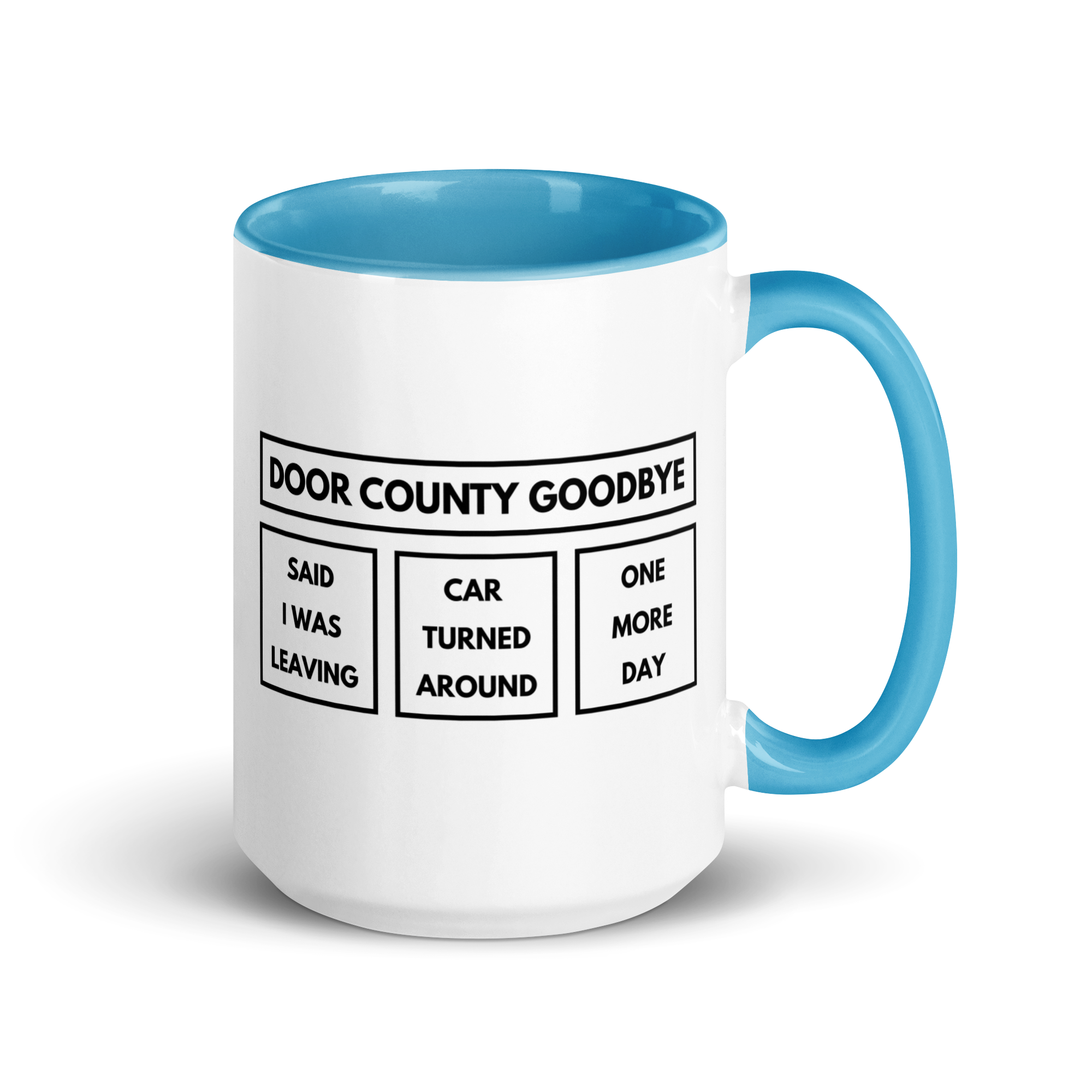 White mug with blue interior and handle featuring 3-Panel design on a white background