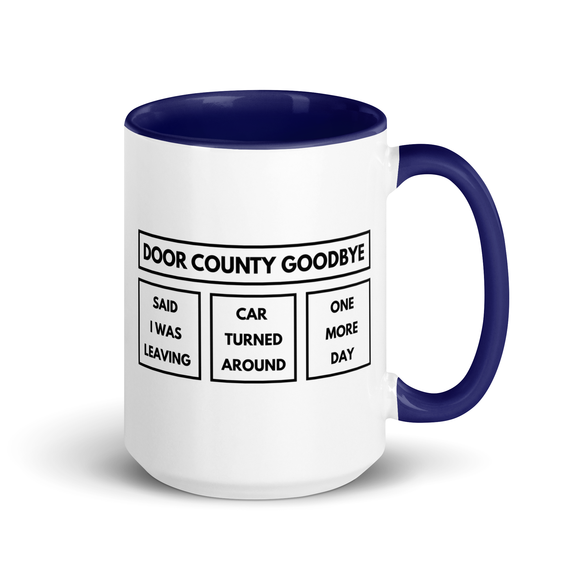 White mug with blue interior and handle featuring 3-Panel Design on a white background