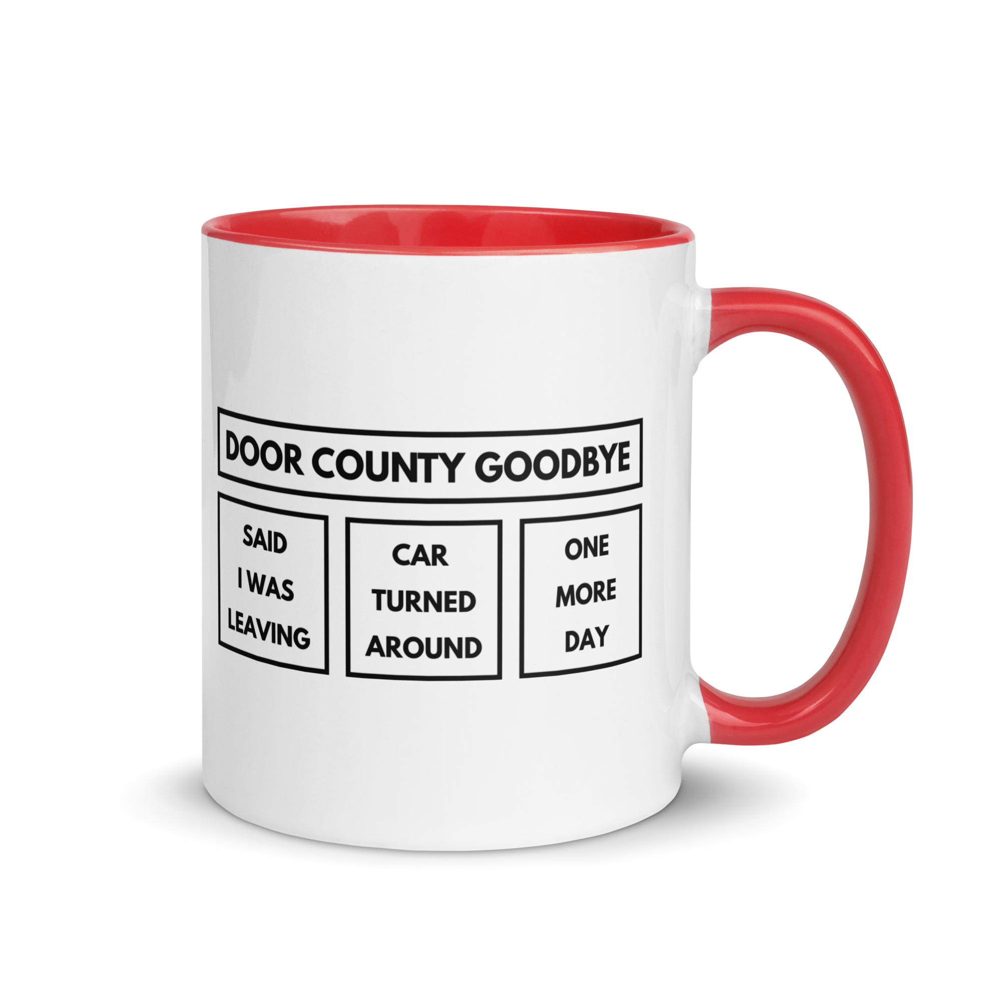 White mug with red handle and interior, featuring 3-Panel design on a white background